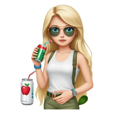 girl with long blond hair
with blue eyes
and aviator sunglasses
wearing white tank top 
holding one soda can without straw
wearing (rose gold apple watch with forest green band) sticker