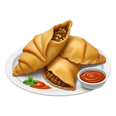 Cinematic Realistic Colombian Cornmeal Empanadas Emoji, showcasing the golden, crispy shell filled with savory meats and spices, served with a side of aji dipping sauce, rendered with vibrant textures and warm, inviting lighting. sticker