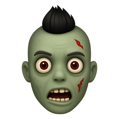 Create a zombie emoji with black hair styled in a mohawk, in the style of Apple emojis. The emoji should have the typical zombie features with greenish skin and a spooky expression, combined with the distinct Apple emoji look and feel. sticker