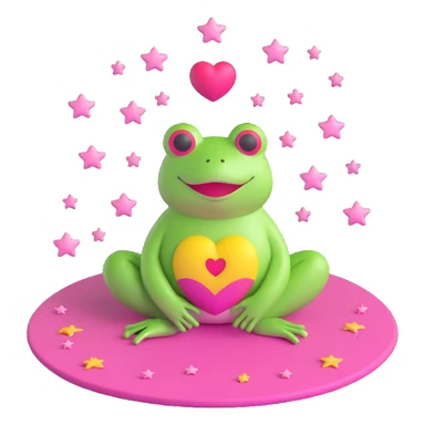 A 3D emoji of a frog meditating on a pink mat, with a heart above its head and stars surrounding it, in the style of iOS 18 emojis. sticker