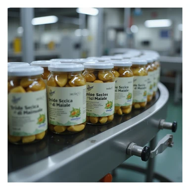 jars of 'Tiroide Secca di Maiale' supplement on conveyor belt, labels clearly visible, clean industrial environment, hyperrealistic 4K sticker