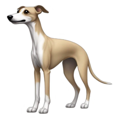 a beige whippet full body side profile with his left foot raised up up and a leash going out of frame, with a dark snout, black and white mouth patchy and black angel wing like eyes sticker