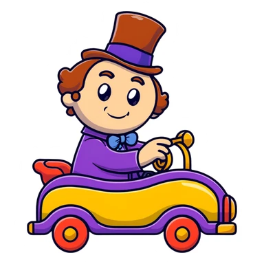 Willy Wonka driving a whimsical vehicle sticker