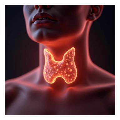 Conceptual educational illustration of stylized human thyroid releasing T3 and T4 hormones represented as glowing particles spreading in the blood, 4K resolution sticker