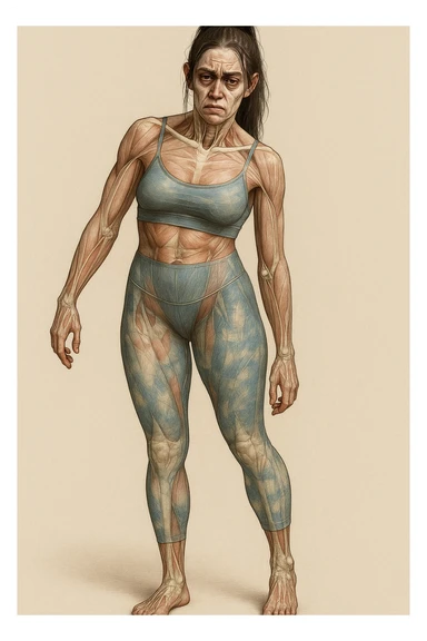 A woman in sportswear with an asymmetric posture, in a medical realistic style showing visible muscles and bones. The expression shows strong chronic stress signs including a tense face, dark circles under the eyes, and muscle tension. The background is neutral and the format is vertical. sticker