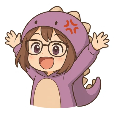 Edit the image of a chibi anime style gamer girl with glasses, brown hair, dark purple eyes, wearing a purple dinosaur costume. Change to a new pose with arms up in excitement. Remove the controller. Keep the same chibi stickers style as the reference. Remove the background (make it transparent). sticker