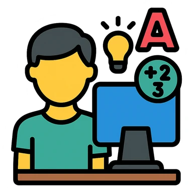 student at a computer with educational symbols sticker