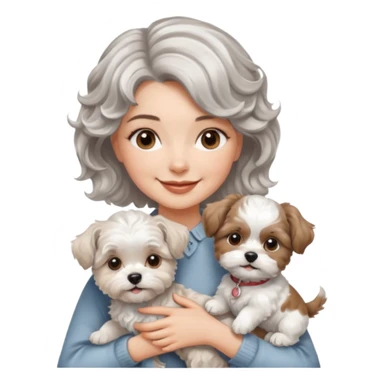 silver, short, wavy-haired with loose curls, smiling pretty lady holding a westie terrier dog and a shih tzu dog sticker