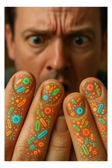 "Close-up macro shot of man's fingernails with transparent overlay showing dense colonies of bacteria, viruses, and parasites thriving in nail beds, millions of pathogens visible as glowing microscopic organisms, expression of shock as he examines his hands under magnification, nail debris containing more germs than toilet water, fingertips becoming mobile germ factories" sticker