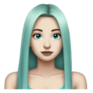 Cute girl, pale skin, big lips, straight hair, long hair, lack hair, big lashes, cyan tank top, long hair emoji sticker