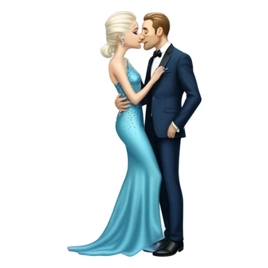 reptilian alien woman, in long slim pastel blue formal party satin dress with gradient shiny sparkling navy blue diamonds embroidered , and caucasian man in black dress kissing sticker