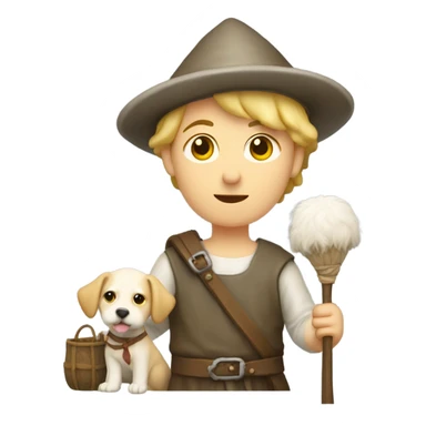 young medieval pilgrim with bag, staff, hat and blond hair and white little dog sticker