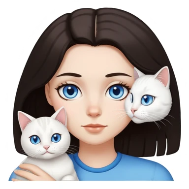 A white girl has black eyes, dark brown mid-length hair, and she has a pet, a white cat with blue eyes sticker