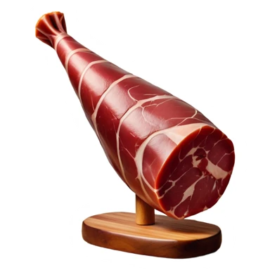 _cinematic-realistic-spanish-ham-leg,-depicted-as-a-massive,-cured-leg-of-jamón-serrano-(ham)-with-a-deep-reddish-brown-hue on the outside,-intricately-marbled-and-slightly-glossy-with-age,-elegantly-displayed-on-a-rustic-wooden-stand-and-bathed-in-warm - jamon prosciutto sticker