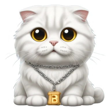 White long haired Scottish fold with chain that says Bucatini sticker
