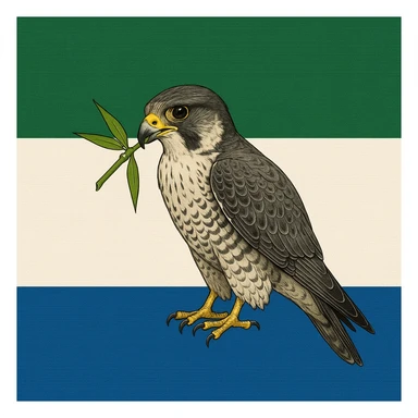 flag design featuring green, white, and blue stripes with a detailed falcon eating bamboo in the center sticker