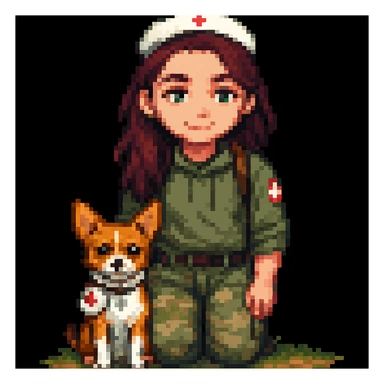 military girl, a medic with a small dog, pixel art style, make the character look like her sticker