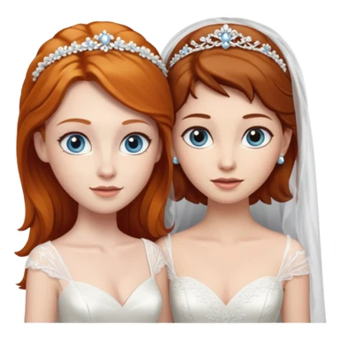 A ginger woman with blue eyes, marrying a taller woman with dark brown hair and hazel eyes, both in wedding dresses. sticker