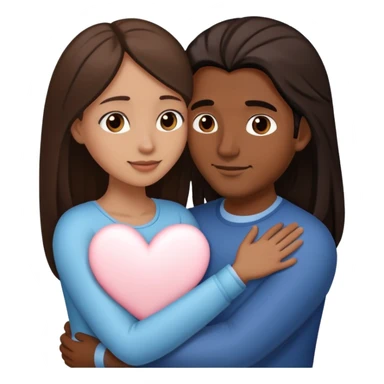 A couple hugging. The man has medium brown skin, dark brown slightly long straight hair. The woman has fair skin, long dark brown hair. White hearts around them. sticker
