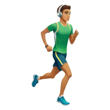 A runner wearing sports headphones jogs along a scenic waterfront promenade. The path is lined with trees, and the calm water reflects the golden hues of sunrise. In the background, a city skyline and distant mountains create a picturesque view. Transparent background enhances the motion. sticker