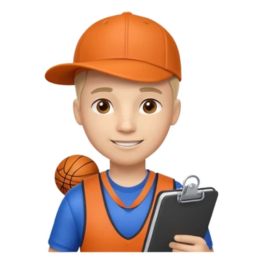 cute basketball coach portrait, head and shoulders only, whistle, cap, clipboard strap, confident smile, 3D cartoon, mobile game icon style, clean background, no text, no watermark
 sticker