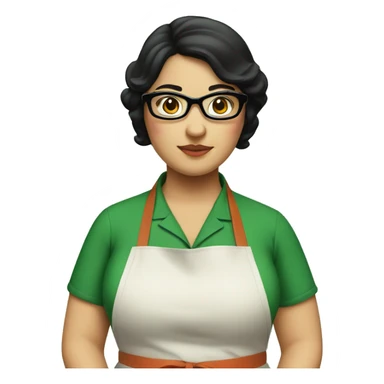 chubby lady with black hair green apron  with glasses cooking  sticker