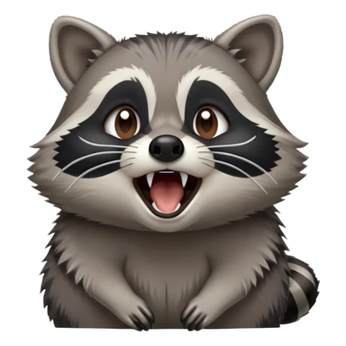 Cinematic-Cute-Yawning-Raccoon-Portrait-Emoji – Head tilted slightly with a dramatic, wide-open yawn, revealing a soft grey and black fur with a striped bushy tail, round brown eyes barely open in drowsy curiosity zoome out to show shoulders sticker