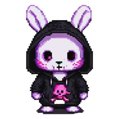 Kuromi character, purple bunny with a black hood and pink skull sticker
