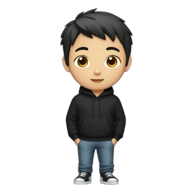 asian boy with short hair wear black hoodie with unique print sticker