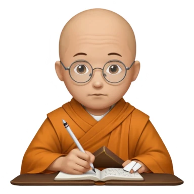 A bald scholar monk with round glasses, writing notes with quiet concentration.
 sticker