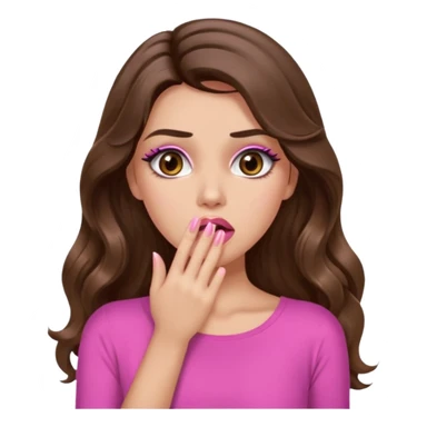 girl with long wavy brown hair, brown eyes, long lashes makeup, sexy pink lips, light to medium complexion, pink sexy top, shocked, hand covering mouth sticker
