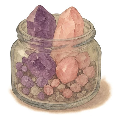 very realistic amethyst and rose quartz crystal pieces in an open glass jar, pretty small rough pebbles, mixed together, natural colors, soft, fairy-like atmosphere, no background, square size sticker