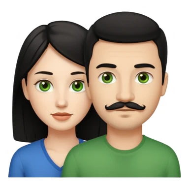 A girl with green eyes and black hair with her boyfriend with light brown eyes and light brown hair and the boyfriend has a goatee and mustache sticker