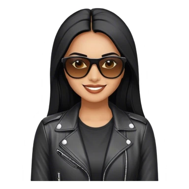 beautiful fit woman, with long straight black hair, with make up, black eye liner, smile mooth close, mexican, brown skin, wearing white tee, wearing leather black jacket, solar black wayfarer on the tip of the nose sticker