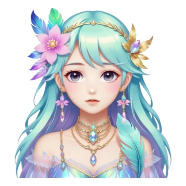 Beautiful gorgeous anime lady with beautiful iridescent-special-hair, fashion aesthetic, ethereal, fairycore, pastelcore, feather, flower, crystals, accessories, jewelries, gold, colorful sticker