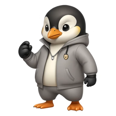 friendly anthropomorphised penguin wearing a mafia-style tracksuit, secretive scheming pose, angry expression, determined stride, holding a knuckle duster sticker