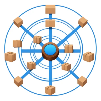network in a circle form with blue lines and realistic brown boxes at intersection points sticker