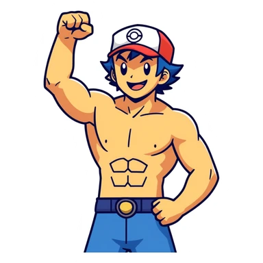 Hot handsome bara style  muscular 6ft 5inch tall smiling happy fun shirtless Ash Ketchum and friends, one fist raised in celebration  sticker