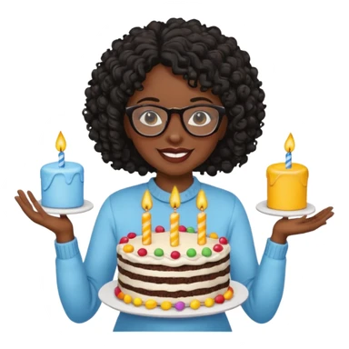 A Black woman with curly black hair and glasses holding a birthday cake. Can you make it a more basic emoji? sticker
