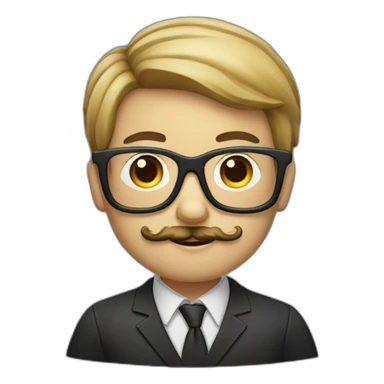 A moustache boy with a deep square shape glasses with a laptop sticker