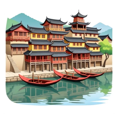 Fenghuang Ancient Town with wooden stilt houses by river, simplified emoji style with bold outlines and bright colors, cartoon style traditional Chinese buildings sticker