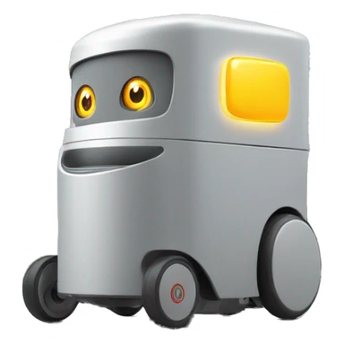 gray delivery robot with white circle led eyes and opening lid on 4 wheels with food sticker