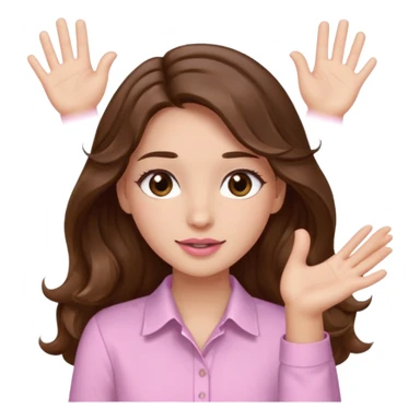 girl with wavy long brown hair, brown eyes, light to medium complexion, long lashes, light pink lipstick, wearing light pink shirt, clapping sticker
