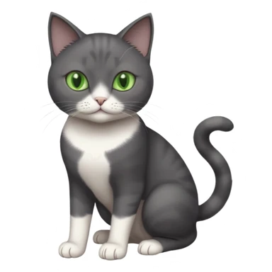 beautiful female solid dark grey cat with green eyes, white toes/paws and white patch on her chest playing sticker