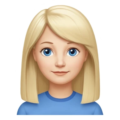 50 yr old white woman, hippe part bangs, very long straight blond hair, oval face, small smile, blue eyes, thin face, hair downback, hair parted at center of head, round cheeks, pale, longer hair sticker