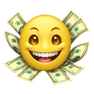 3D glossy emoji sticker, dollar-sign eyes, huge toothy grin, mouth stuffed with US dollar bills spilling out, floating banknotes, centered, transparent background sticker