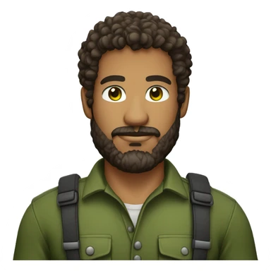 muscular mixed race software developer wearing green eyes, beard and curly hair lumberjack shirt military sticker