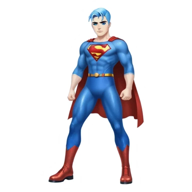 Very tall-very very very large chest-really angry-stomping foot-very long straight flat black to sky blue hair ombre-blue eyes-black eyeliner-long eyelashes-iridescent superman tshort with glitter superman logo-overalls-lip pierced sticker