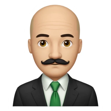 Bald guy with thick black mustache , green tie sticker