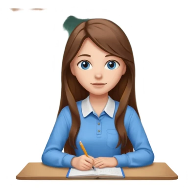high school class room with a pretty female high school student with long brown hair, blue eyes sitting in front of the blackboard sticker
